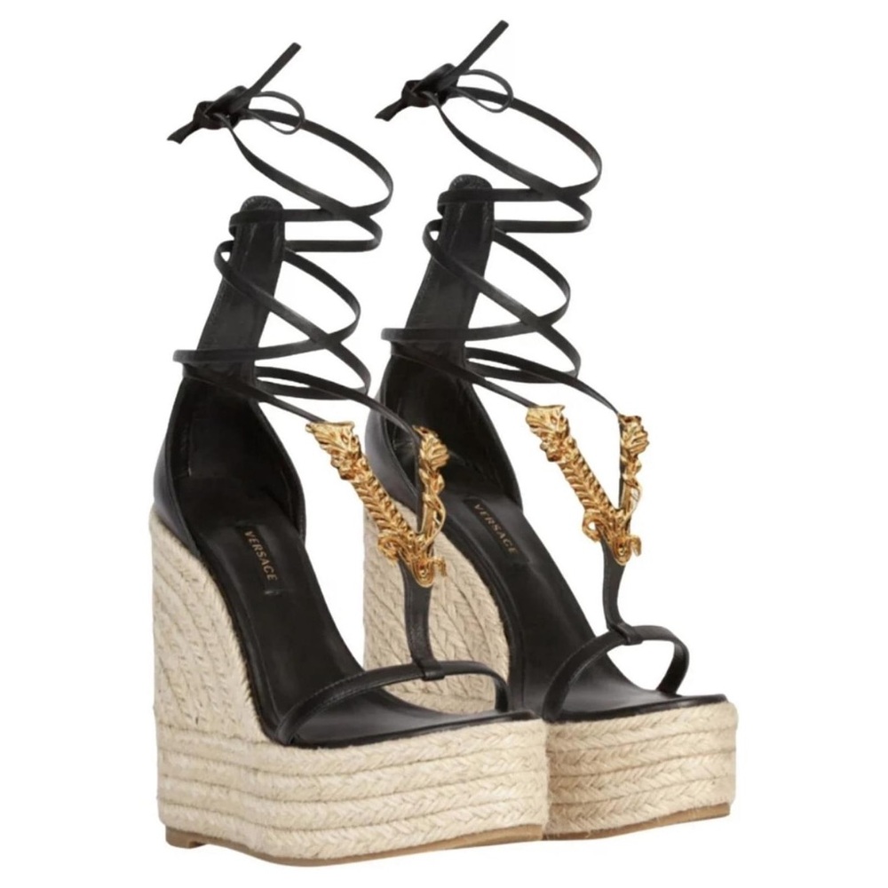 Versace Barocco Wedge Sandals – Black & Gold, Size 38.5